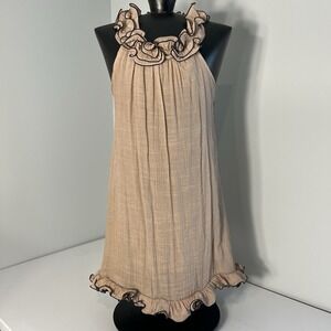Urban Mango Sleeveless Mini Dress Womens M (Sm) Taupe‎ Ruffle Neck/Hem Whimsical